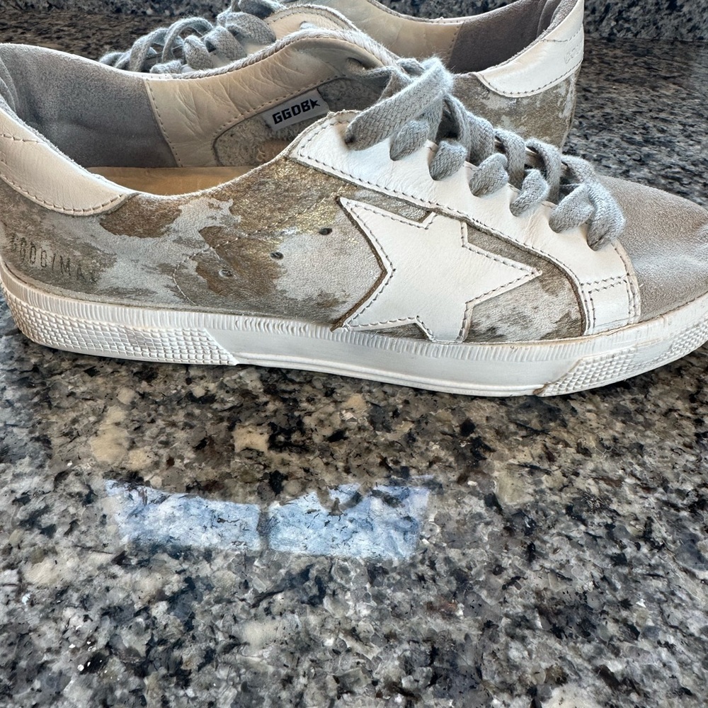 Golden Goose Distressed White and Tan Sneakers